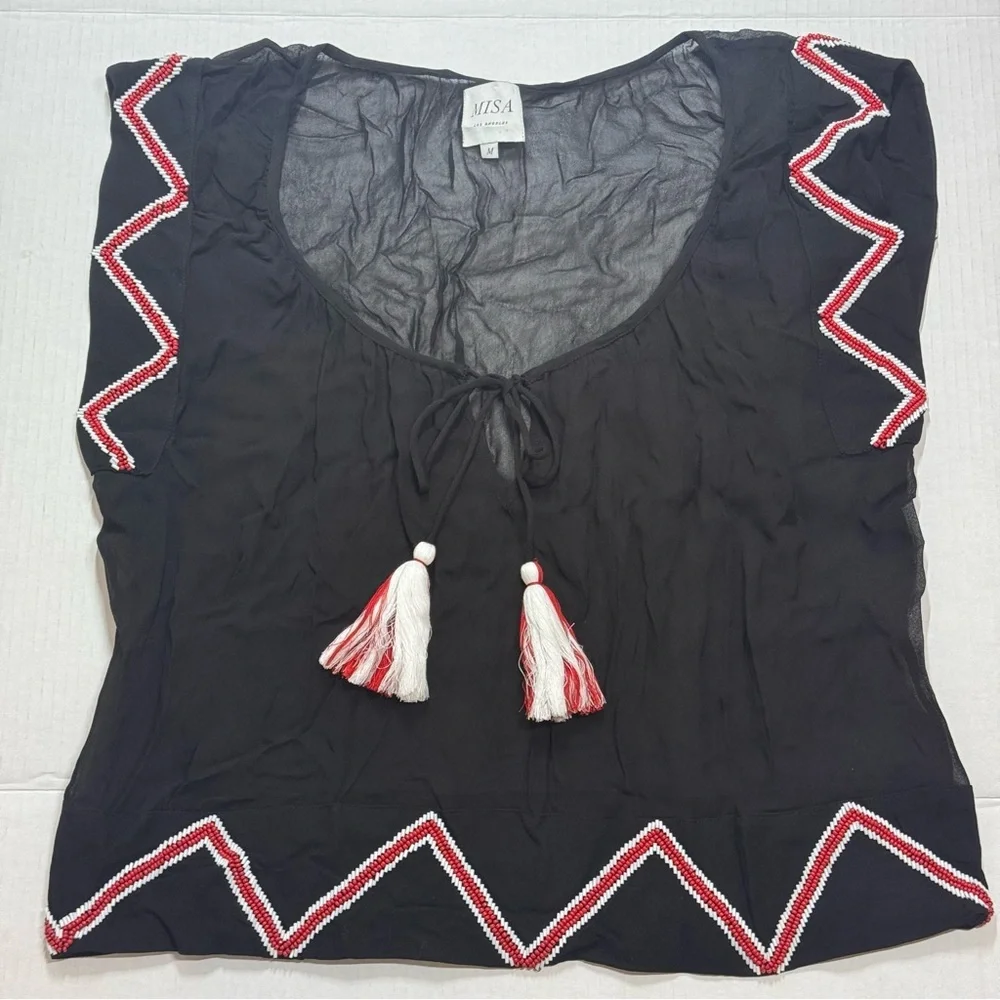 MISA Los Angeles Size M Viscose Bead Embellished Semi Sheer Boxy Black Blouse‎